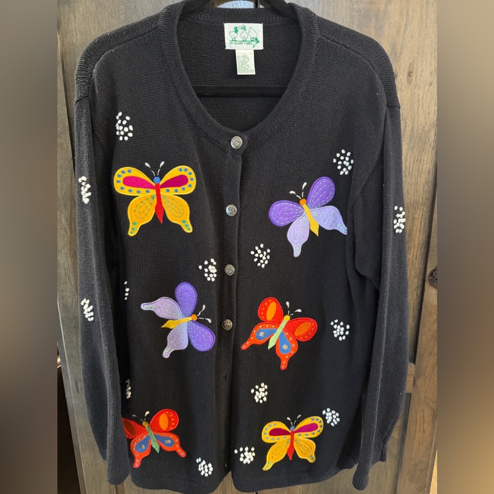 Quacker Factory Black Sweater with Purple Butterfly Embellishment